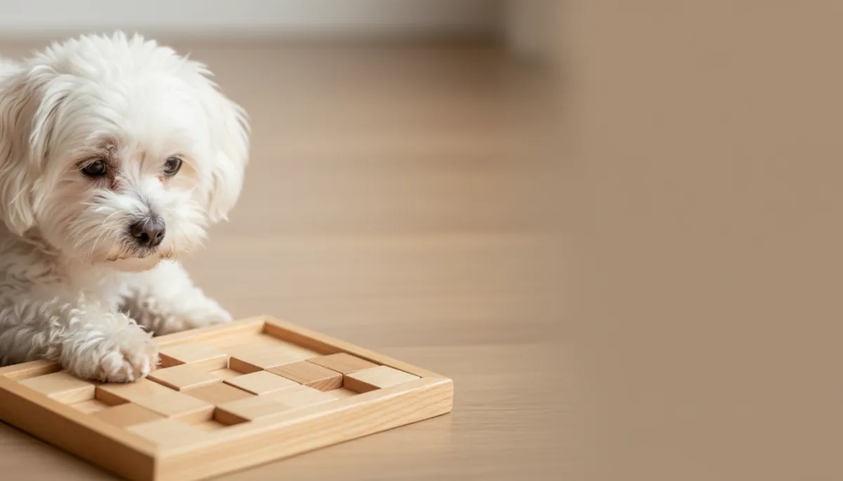 Maltese dog solving a slider puzzle toy indoors Maltese dog solving a slider puzzle toy indoors