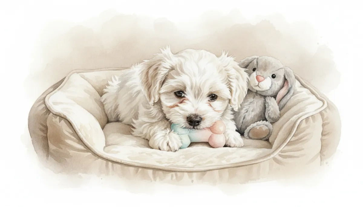 Maltese puppy chewing a small rubber toy beside a plush comfort toy