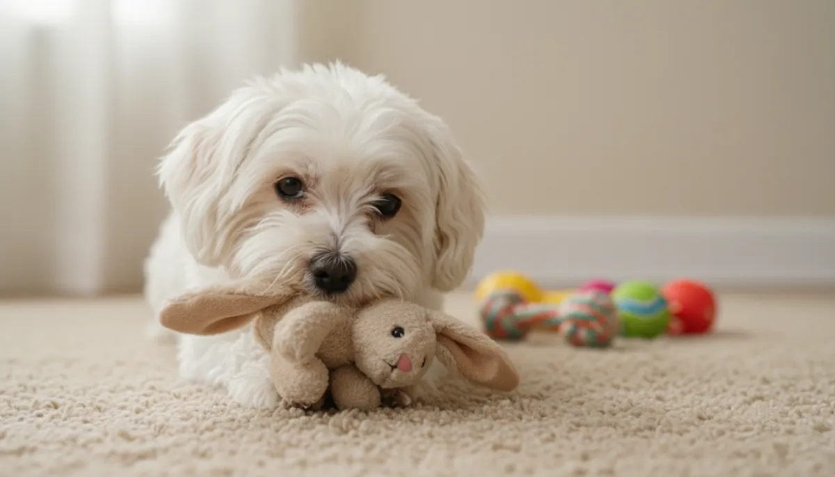 Maltese gently chewing a soft plush toy on a neutral-toned rug