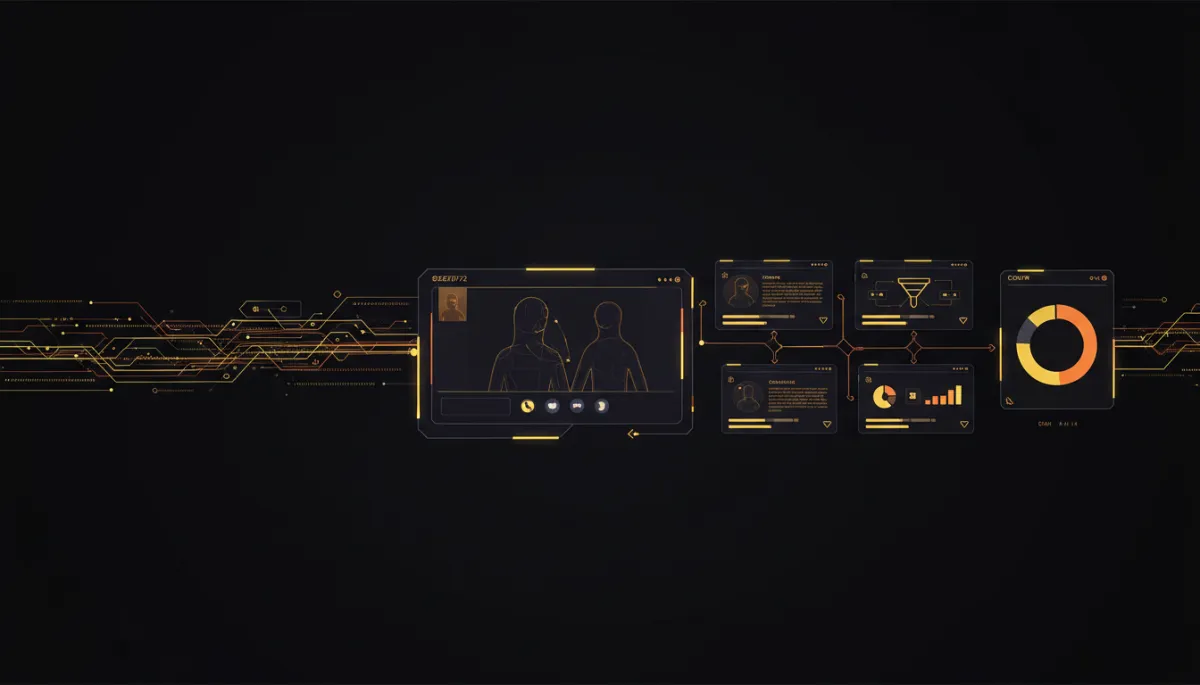 modern technological futuristic dashboard with black background #171717, glowing yellow #E7D72B and orange #fa5a32 accents, showing AI meeting transcription flowing in real time into a CRM pipeline, minimalistic interface, clean lines, holographic charts and automation icons connecting a video call window to CRM cards
