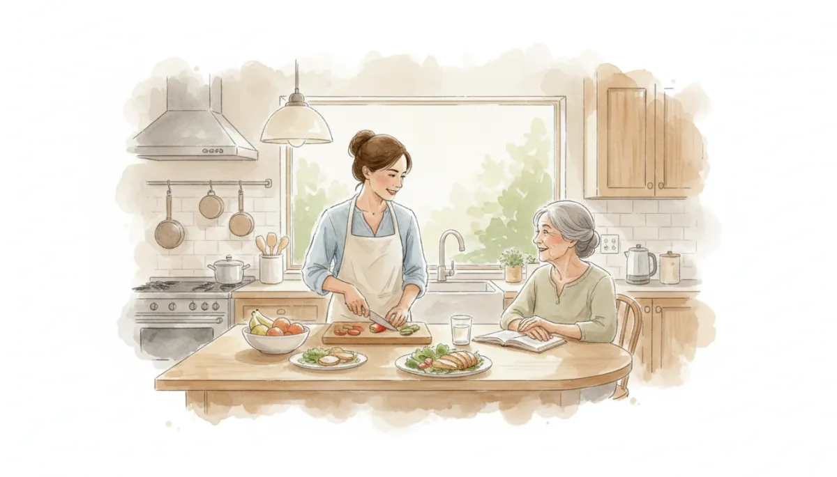 In-home caregiver preparing a healthy meal while an older adult watches nearby