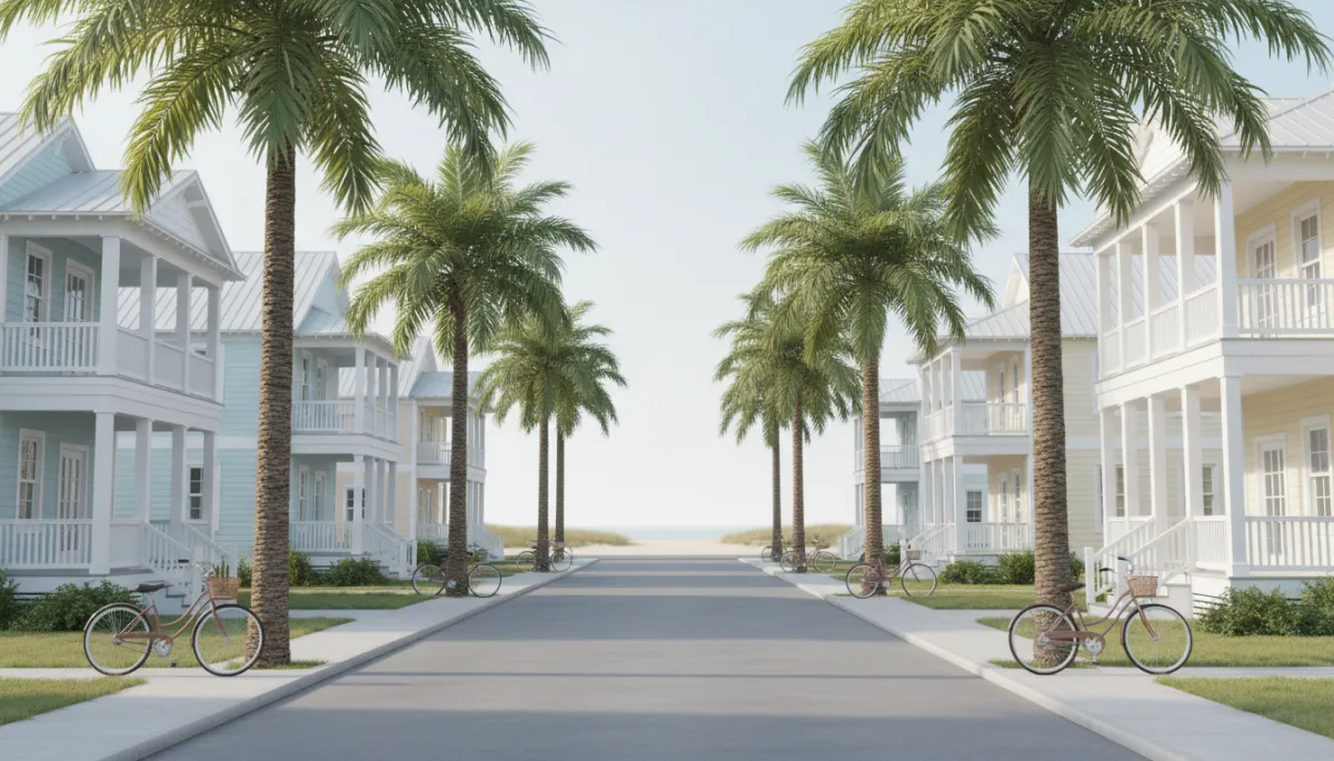 Quiet coastal neighborhood street on Anastasia Island with palm trees and coastal homes Quiet coastal neighborhood street on Anastasia Island with palm trees and coastal homes