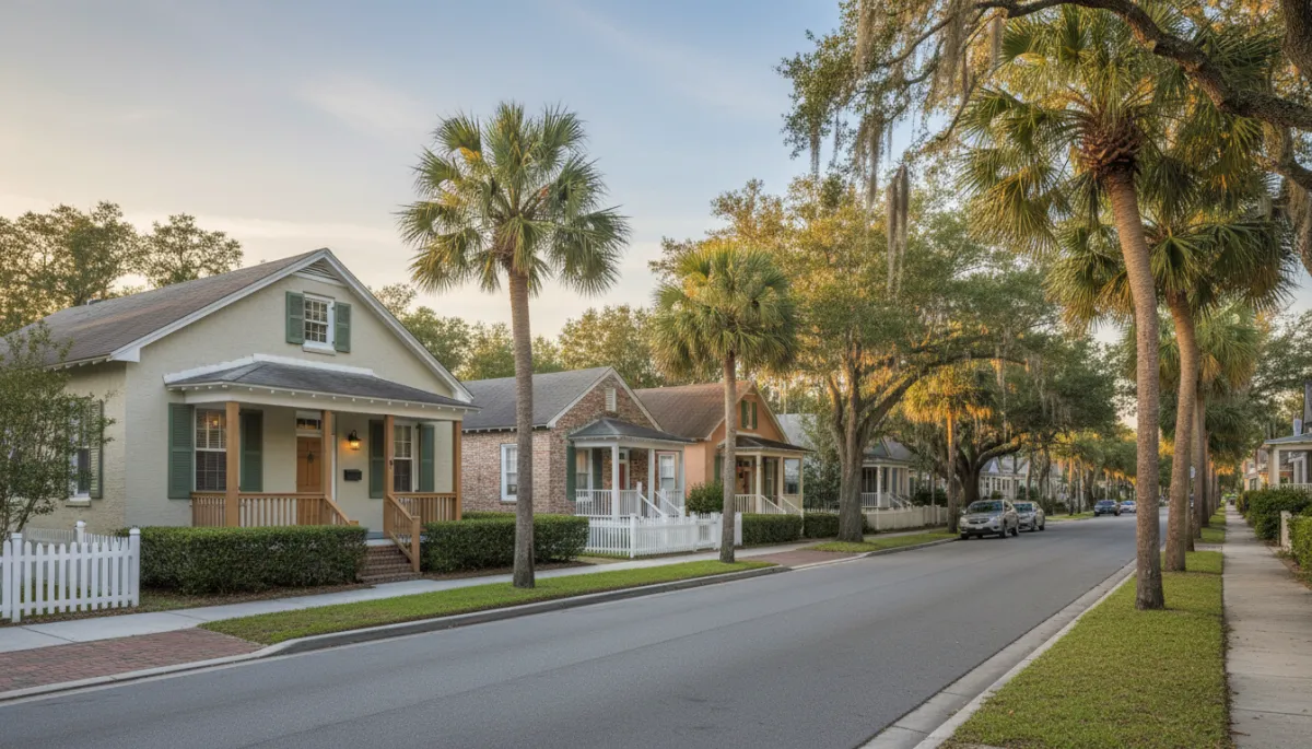 Residential street in St. Augustine with single-family homes and palm trees
