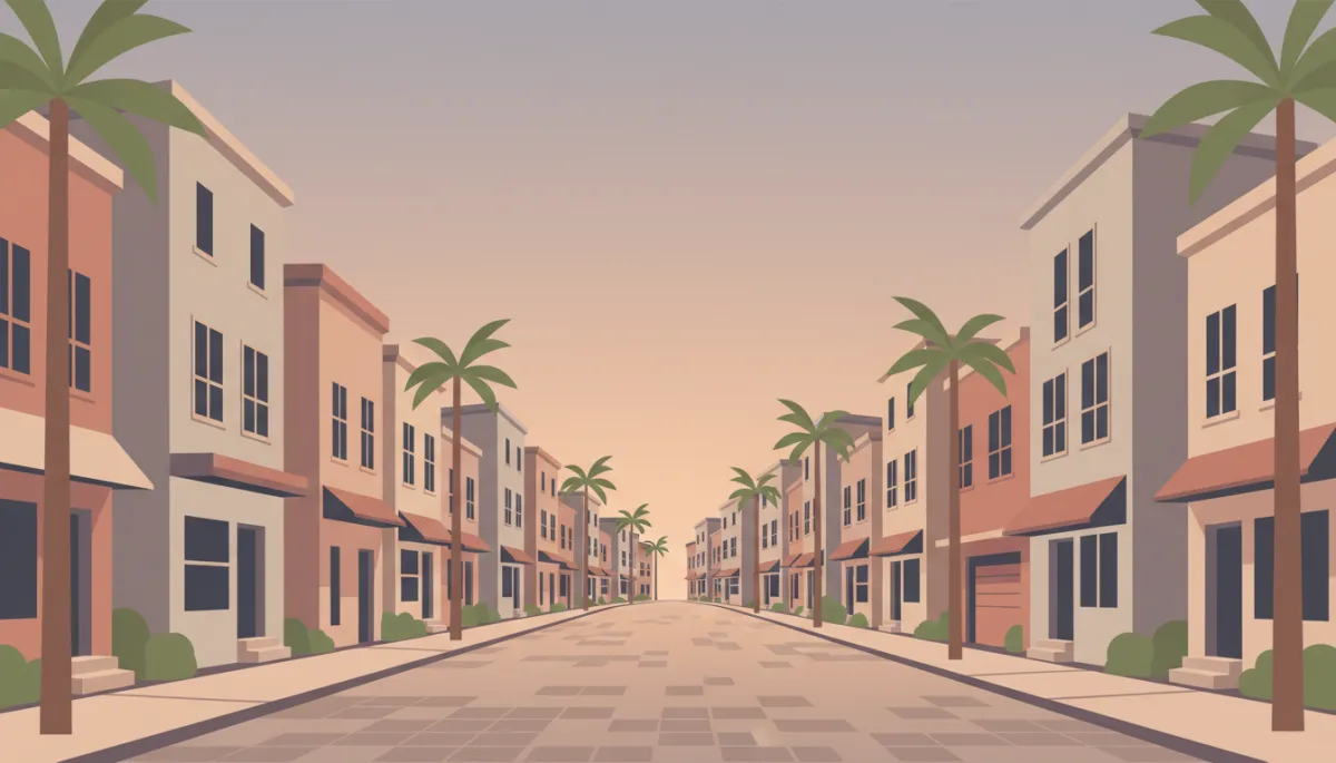 Professional view of residential neighborhood in St. Augustine with townhomes and palm trees