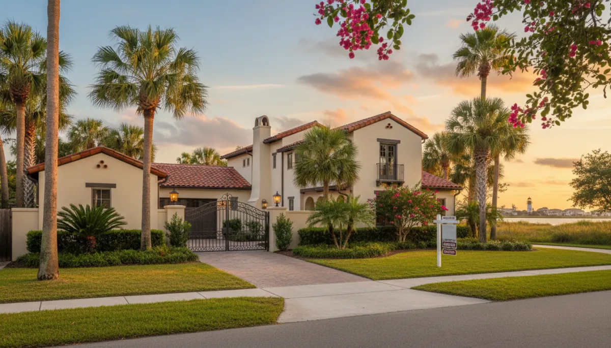 A highly realistic photograph of a residential street in St. Augustine, Florida, showing a 'For Sale' sign in front of a well-maintained home. The setting should reflect the actual look and architectural style of St. Augustine neighborhoods.