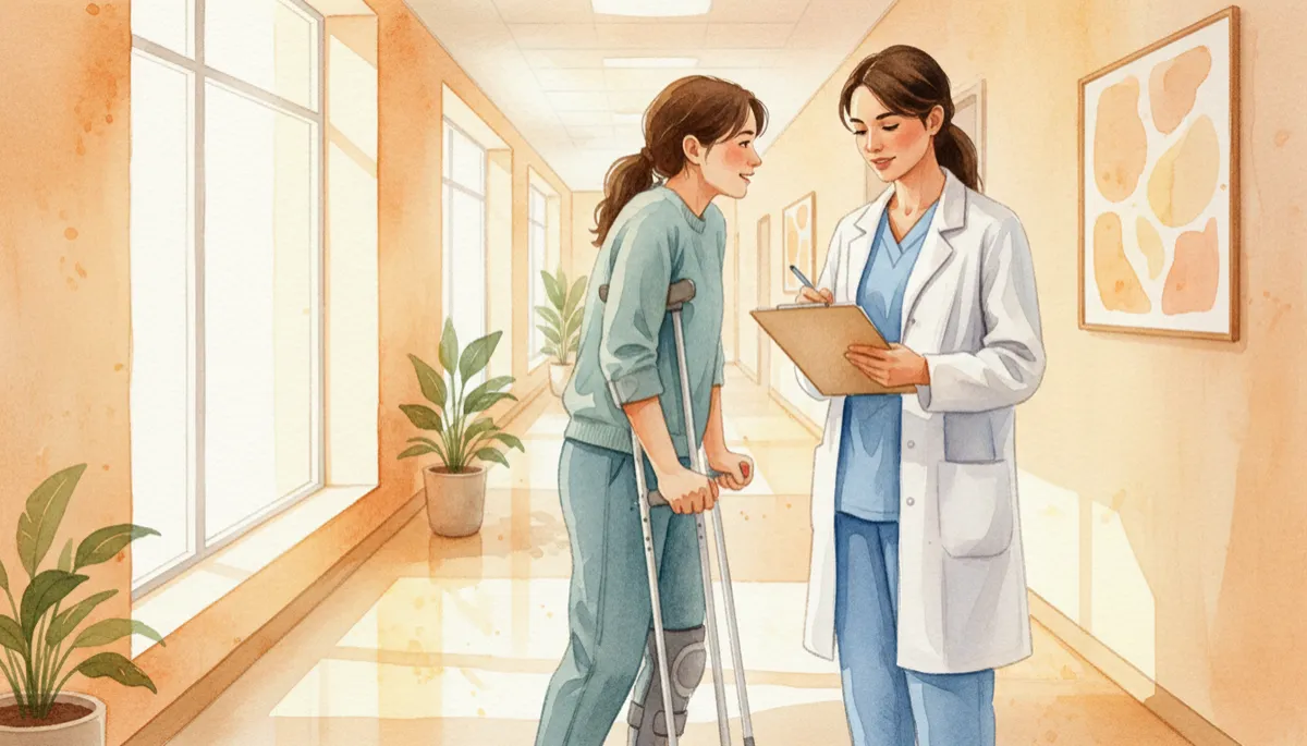Person with leg injuries from a car accident walking with crutches in a clinic