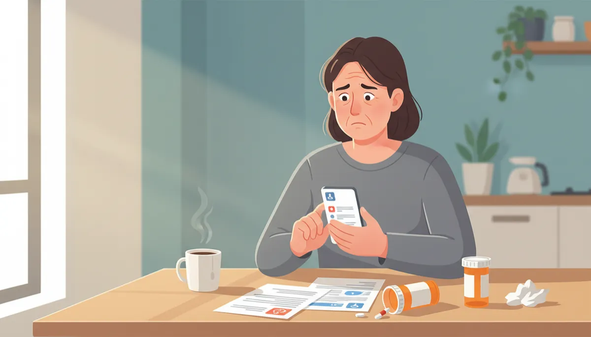 Middle-aged person sitting at a kitchen table looking concerned while scrolling through social media on a smartphone, disability paperwork and prescription bottles on the table, soft natural light from nearby window
