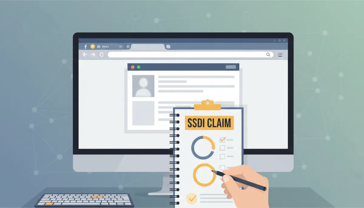 Close-up of a computer screen displaying multiple open browser tabs including social media profiles, with a notepad labeled SSDI Claim beside the keyboard, subtle focus on review process