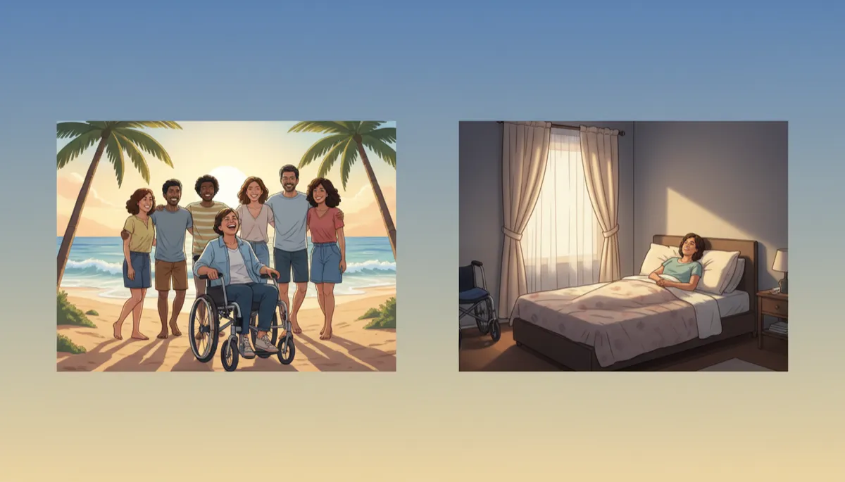 Happy group photo on a beach where one person with a visible mobility aid is smiling for the camera, with a second panel showing the same person later resting in bed with curtains drawn