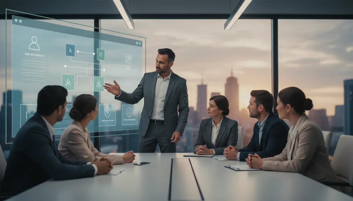 corporate/business style boardroom meeting where HSE manager and leadership team review safety software options on a large screen, neutral colours, modern office, calm professional mood