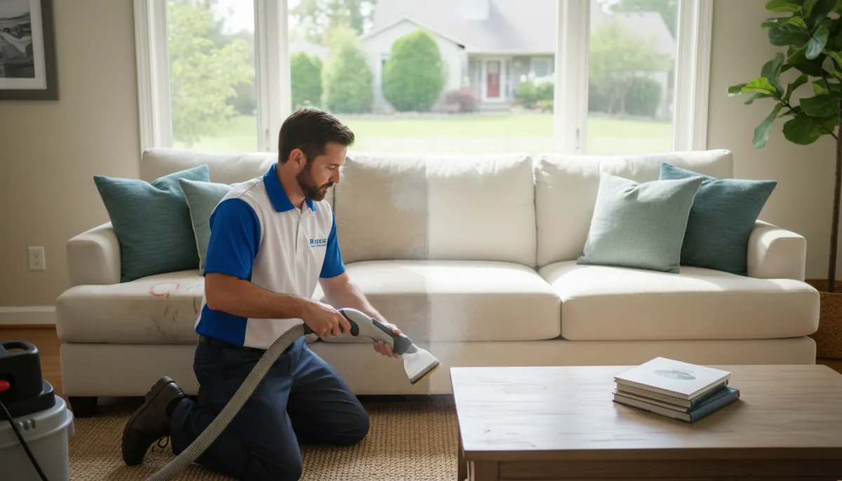 Close-up of oxygen-based upholstery cleaning being applied to a sofa cushion