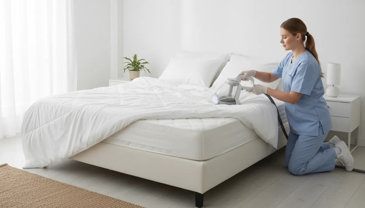 Technician performing oxygen-based mattress deep cleaning in Hemet