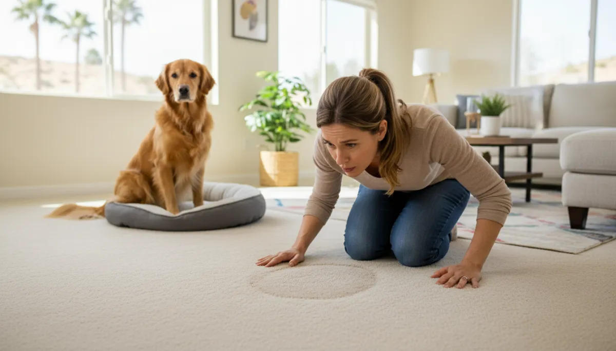 Add 2 additional unique images to this blog post about pet stains and odors in carpet. Do not remove or change any existing images or text. Place new images at natural content break points — for example, one near the section about warning signs that pet odors are trapped deep, and one near the section about when to call a professional. Each new image must be completely different from any existing image in the post. Generate photorealistic images that are relevant to the section they appear in. Suggested image concepts: (1) A homeowner kneeling and sniffing carpet with a concerned expression, a dog visible in the background — illustrating the frustration of recurring pet odors. (2) A professional carpet cleaning technician in uniform consulting with a homeowner at the front door of a Hemet-style suburban home, both looking professional and friendly. All images must be unique from each other and from the existing content image.. Context: This is for a blog post about "How to Finally Get Rid of Pet Stains and Odors from Your Carpet in Hemet, CA". Style: Professional quality, photorealistic, high resolution