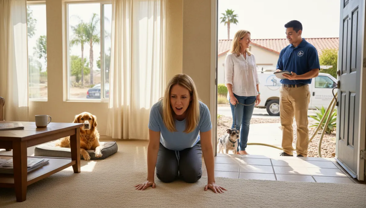 Add 2 additional unique images to this blog post about pet stains and odors in carpet. Do not remove or change any existing images or text. Place new images at natural content break points — for example, one near the section about warning signs that pet odors are trapped deep, and one near the section about when to call a professional. Each new image must be completely different from any existing image in the post. Generate photorealistic images that are relevant to the section they appear in. Suggested image concepts: (1) A homeowner kneeling and sniffing carpet with a concerned expression, a dog visible in the background — illustrating the frustration of recurring pet odors. (2) A professional carpet cleaning technician in uniform consulting with a homeowner at the front door of a Hemet-style suburban home, both looking professional and friendly. All images must be unique from each other and from the existing content image.. Context: This is for a blog post about "How to Finally Get Rid of Pet Stains and Odors from Your Carpet in Hemet, CA". Style: Professional quality, photorealistic, high resolution