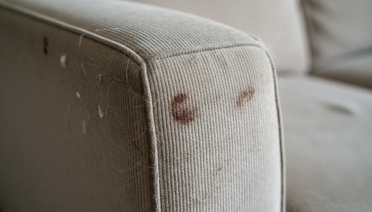 Add 2 additional unique images to this blog post about warning signs a sofa needs professional upholstery cleaning. Do not remove or change any existing images or text. Place new images at natural content break points — for example, one near the section listing the 7 warning signs, and one near the section about benefits of professional cleaning. Each new image must be completely different from any existing image in the post. Generate photorealistic images relevant to the section they appear near. Suggested image concepts: (1) A close-up of a fabric sofa armrest showing visible staining, dullness, and embedded pet hair — illustrating the warning signs described. (2) A bright, refreshed living room with a visibly clean sofa and happy family seated on it, conveying the result of professional cleaning. All images must be unique from each other and from any existing images in the post.. Context: This is for a blog post about "7 Warning Signs Your Sofa Is Overdue for Professional Upholstery Cleaning in Hemet". Style: Professional quality, photorealistic, high resolution