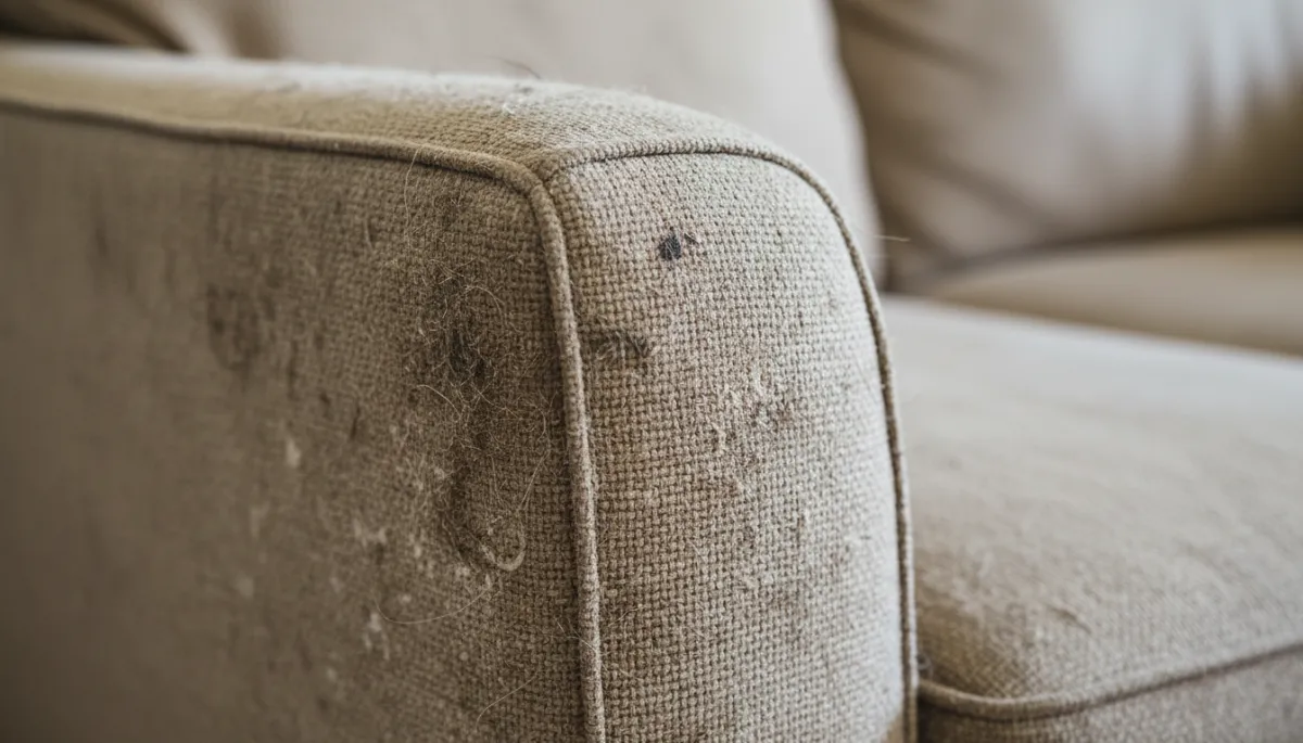Add 2 additional unique images to this blog post about warning signs a sofa needs professional upholstery cleaning. Do not remove or change any existing images or text. Place new images at natural content break points — for example, one near the section listing the 7 warning signs, and one near the section about benefits of professional cleaning. Each new image must be completely different from any existing image in the post. Generate photorealistic images relevant to the section they appear near. Suggested image concepts: (1) A close-up of a fabric sofa armrest showing visible staining, dullness, and embedded pet hair — illustrating the warning signs described. (2) A bright, refreshed living room with a visibly clean sofa and happy family seated on it, conveying the result of professional cleaning. All images must be unique from each other and from any existing images in the post.. Context: This is for a blog post about "7 Warning Signs Your Sofa Is Overdue for Professional Upholstery Cleaning in Hemet". Style: Professional quality, photorealistic, high resolution