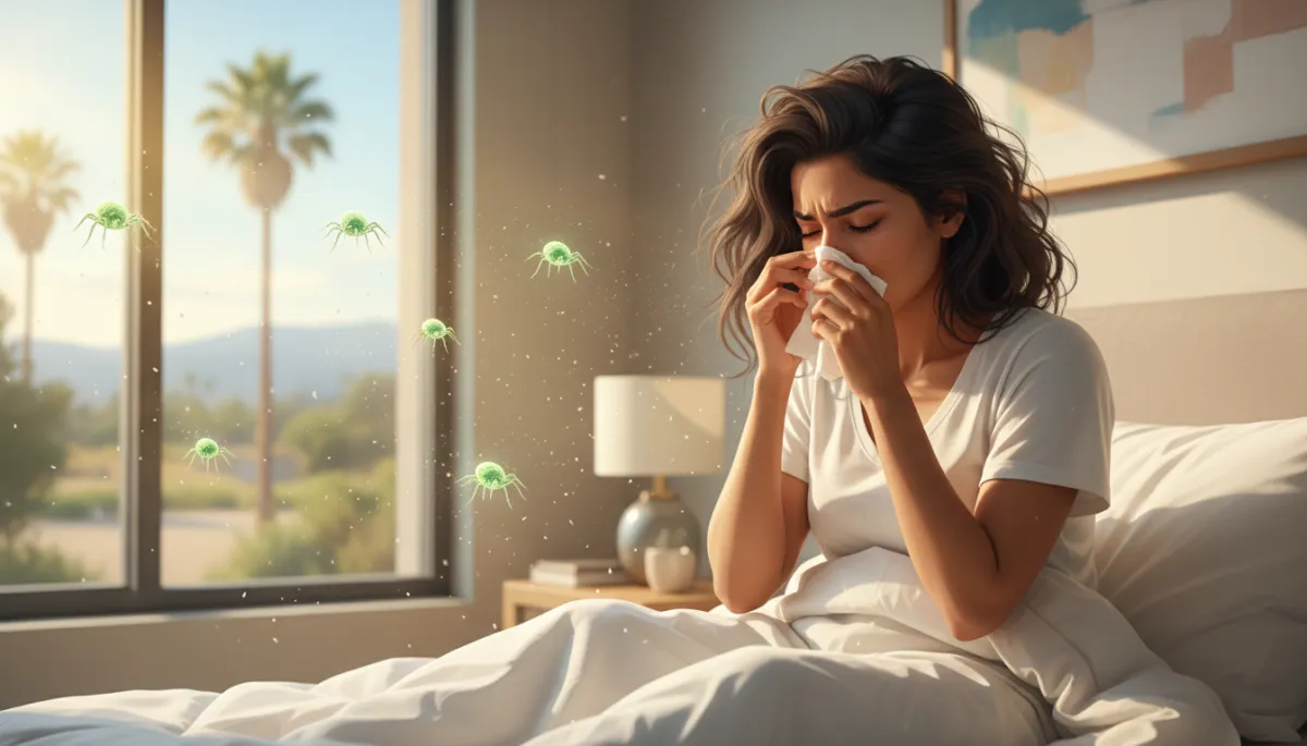 Add 2 additional unique images to this blog post about dust mites, allergens, and professional mattress cleaning. Do not remove or change any existing images or text. Place new images at natural content break points — for example, one near the section about how dust mites affect health, and one near the section about how often to schedule professional mattress cleaning. Each new image must be completely different from any existing image in the post. Generate photorealistic images relevant to the section they appear near. Suggested image concepts: (1) A person waking up in bed and sneezing or rubbing their eyes — a relatable illustration of allergy symptoms caused by mattress allergens, soft morning light. (2) A calendar or scheduling scene with a homeowner on the phone booking a cleaning appointment, conveying the routine maintenance message. All images must be unique from each other and from any existing images in the post.. Context: This is for a blog post about "What's Really Living in Your Mattress? A Guide for Hemet Homeowners". Style: Professional quality, photorealistic, high resolution