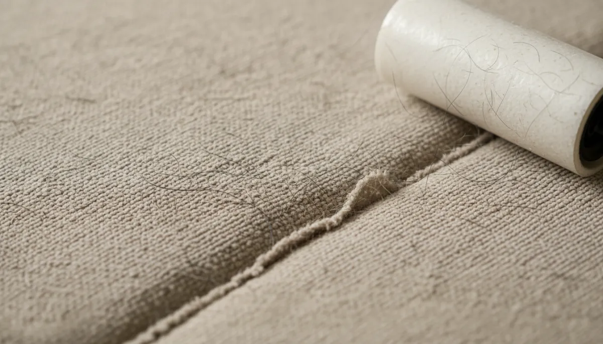 Add 2 additional unique images to this blog post about removing pet hair and odors from furniture. Do not remove or change any existing images or text. Place new images at natural content break points — for example, one near the section explaining why pet hair gets so embedded in fabric, and one near the maintenance tips section. Each new image must be completely different from any existing image in the post. Generate photorealistic images relevant to the section they appear near. Suggested image concepts: (1) A macro close-up of fabric upholstery with pet hair visibly woven into the fibers and embedded in seams — illustrating why lint rollers fall short. (2) A pet owner using a lint roller on a sofa with a look of mild frustration, a cat or dog visible nearby — warm, relatable, humorous tone. All images must be unique from each other and from any existing images in the post.. Context: This is for a blog post about "How to Really Get Pet Hair and Odors Out of Your Furniture in Hemet, CA". Style: Professional quality, photorealistic, high resolution