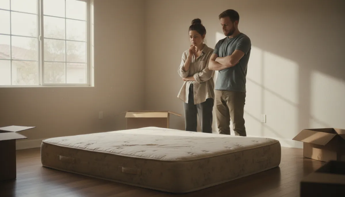 Add 2 additional unique images to this blog post about professional mattress cleaning during move-in and move-out situations. Do not remove or change any existing images or text. Place new images at natural content break points — for example, one near the section about moving into a home with a used mattress, and one near the section about move-out cleaning and security deposits. Each new image must be completely different from any existing image in the post. Generate photorealistic images relevant to the section they appear near. Suggested image concepts: (1) A couple moving into a new home, looking at a bed with a concerned or thoughtful expression — capturing the uncertainty of sleeping on a previous owner's mattress. (2) A landlord or property manager doing a move-out inspection in a clean bedroom, clipboard in hand, mattress visible and looking clean and tidy — conveying the security deposit and property care angle. All images must be unique from each other and from any existing images in the post.. Context: This is for a blog post about "Moving In or Out in Hemet? Here's Why Your Mattress Needs Professional Cleaning". Style: Professional quality, photorealistic, high resolution