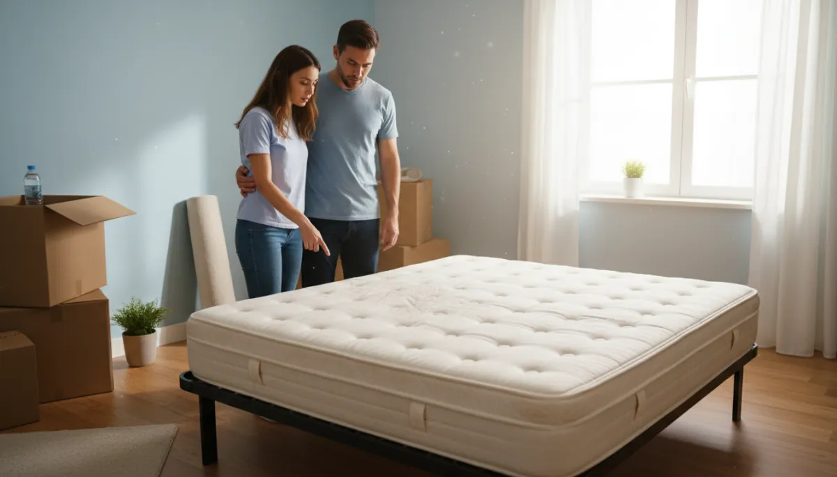 Add 2 additional unique images to this blog post about professional mattress cleaning during move-in and move-out situations. Do not remove or change any existing images or text. Place new images at natural content break points — for example, one near the section about moving into a home with a used mattress, and one near the section about move-out cleaning and security deposits. Each new image must be completely different from any existing image in the post. Generate photorealistic images relevant to the section they appear near. Suggested image concepts: (1) A couple moving into a new home, looking at a bed with a concerned or thoughtful expression — capturing the uncertainty of sleeping on a previous owner's mattress. (2) A landlord or property manager doing a move-out inspection in a clean bedroom, clipboard in hand, mattress visible and looking clean and tidy — conveying the security deposit and property care angle. All images must be unique from each other and from any existing images in the post.. Context: This is for a blog post about "Moving In or Out in Hemet? Here's Why Your Mattress Needs Professional Cleaning". Style: Professional quality, photorealistic, high resolution