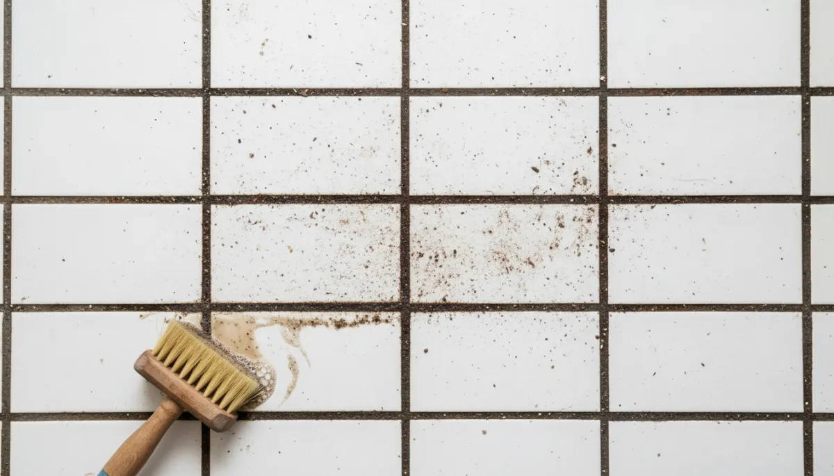 Add 2 additional unique images to this blog post about tile and grout cleaning in Hemet, CA. Do not remove or change any existing images or text. Place new images at natural content break points — for example, one near the section explaining why grout gets so dark, and one near the section about where tile and grout cleaning matters most in a home. Each new image must be completely different from any existing image in the post. Generate photorealistic images relevant to the section they appear near. Suggested image concepts: (1) A close-up overhead shot of bathroom or kitchen floor tile showing dark discolored grout lines between clean white tiles — clearly illustrating the grout discoloration problem described in that section. (2) A bright, clean kitchen with gleaming tile floors and sparkling white grout lines — showing the result of professional tile and grout restoration, warm natural lighting, inviting home atmosphere. All images must be unique from each other and from any existing images in the post.. Context: This is for a blog post about "Why Your Tile and Grout Gets So Dark — And How to Actually Fix It in Hemet, CA". Style: Professional quality, photorealistic, high resolution