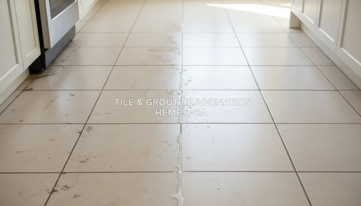 photorealistic close-up of a neutral-tone tile floor in a Hemet CA kitchen, left side with dark stained grout lines, right side freshly cleaned and bright, subtle text overlay about tile and grout cleaning