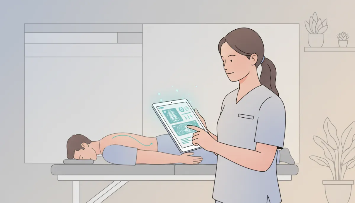 Chiropractor reviewing AI-enhanced spinal imaging on a tablet in a calm clinic