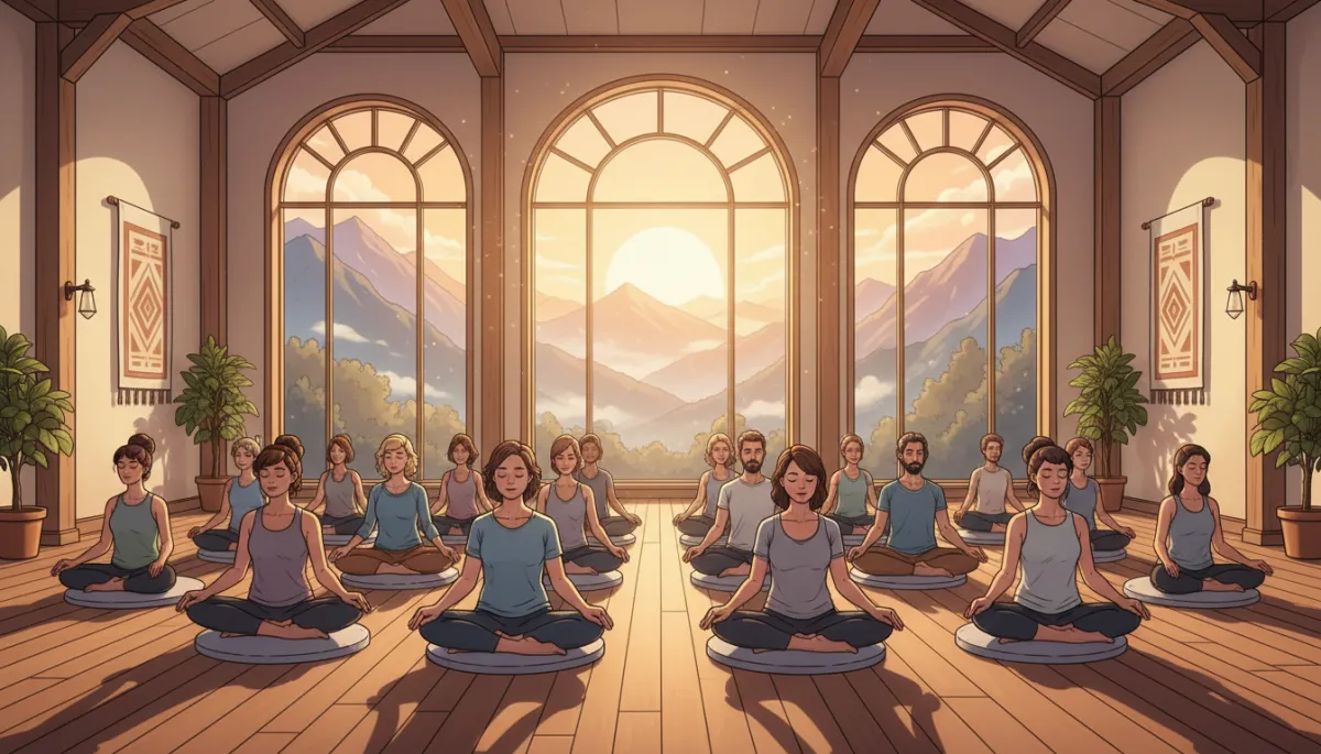 Peaceful meditation retreat hall at sunrise with diverse adults sitting on cushions in rows, soft natural light streaming through large windows, mountains visible outside, calm and focused atmosphere Peaceful meditation retreat hall at sunrise with diverse adults sitting on cushions in rows, soft natural light streaming through large windows, mountains visible outside, calm and focused atmosphere