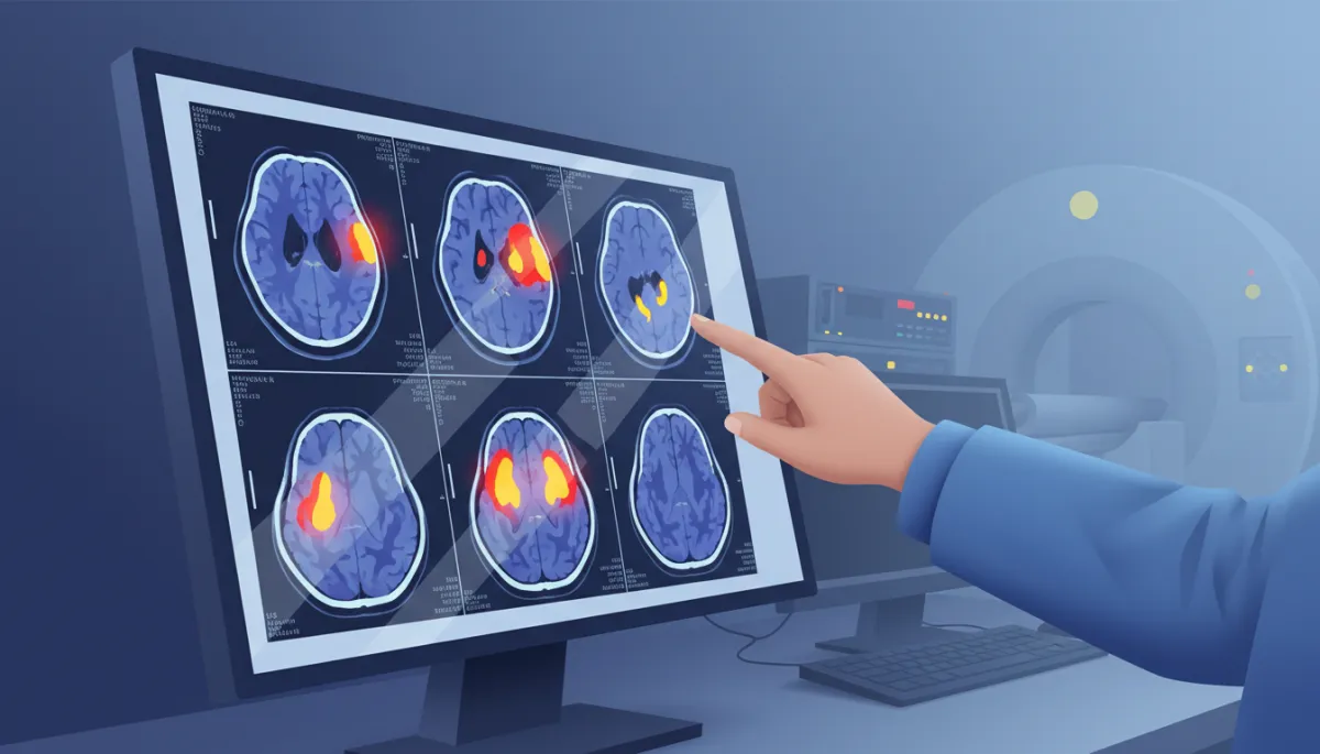 Close-up of fMRI brain scan images on a large monitor, with a researcher pointing at highlighted regions, soft lab lighting and medical equipment in the background Close-up of fMRI brain scan images on a large monitor, with a researcher pointing at highlighted regions, soft lab lighting and medical equipment in the background