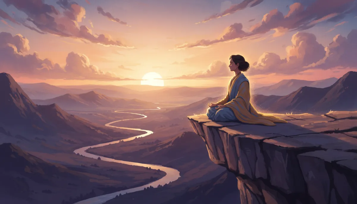 Person sitting cross-legged on a cliff at sunset overlooking a wide valley, soft golden light, calm expression, subtle glow around their silhouette suggesting expanded awareness Person sitting cross-legged on a cliff at sunset overlooking a wide valley, soft golden light, calm expression, subtle glow around their silhouette suggesting expanded awareness