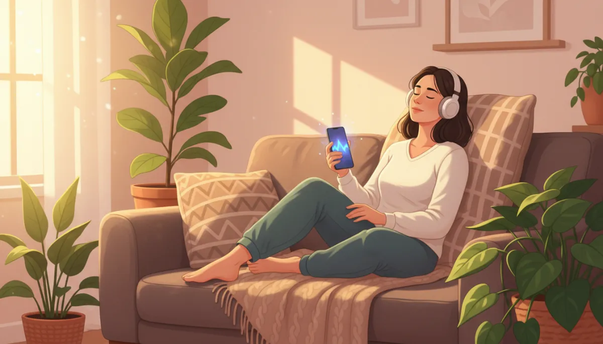 Person sitting comfortably on a sofa at home with headphones on, eyes closed, phone in hand running a meditation app, warm cozy lighting and plants nearby Person sitting comfortably on a sofa at home with headphones on, eyes closed, phone in hand running a meditation app, warm cozy lighting and plants nearby