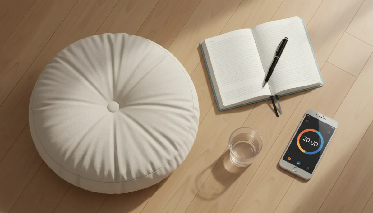 Top-down view of a simple meditation setup at home with a cushion, journal, pen, glass of water, and a phone with a timer app open on a wooden floor Top-down view of a simple meditation setup at home with a cushion, journal, pen, glass of water, and a phone with a timer app open on a wooden floor