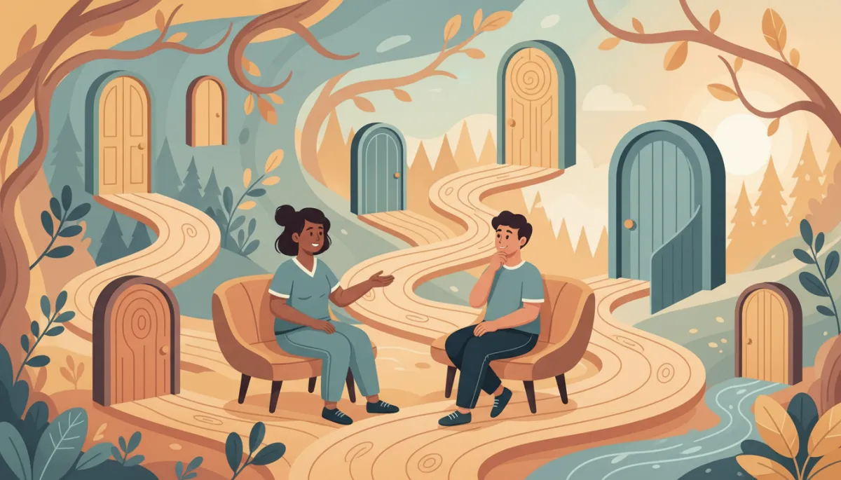 An inviting, calm illustration representing therapy agility—such as a therapist and client in a dynamic, adaptable setting, with metaphoric elements like shifting pathways, multiple doors, or nature blending with a comfortable room. The style should feel warm and inclusive, conveying adaptability and connection. An inviting, calm illustration representing therapy agility—such as a therapist and client in a dynamic, adaptable setting, with metaphoric elements like shifting pathways, multiple doors, or nature blending with a comfortable room. The style should feel warm and inclusive, conveying adaptability and connection.