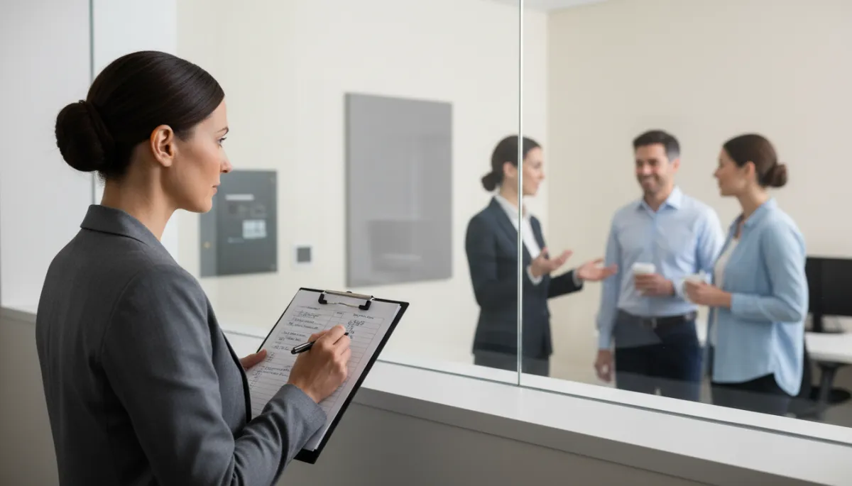 Professional lab scene of a psychologist observing participants to study behaviour