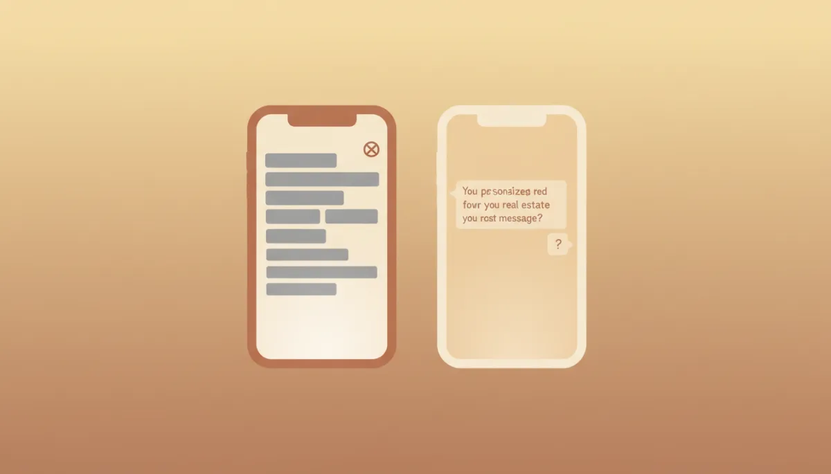Comparison of generic SMS template and personalized real estate follow-up text in minimal flat style