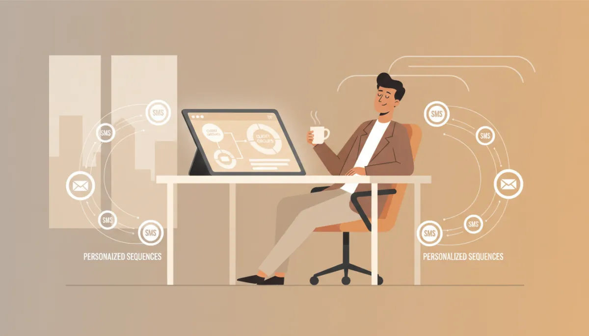 Minimal flat illustration of automated real estate SMS dashboard sending personalized campaigns