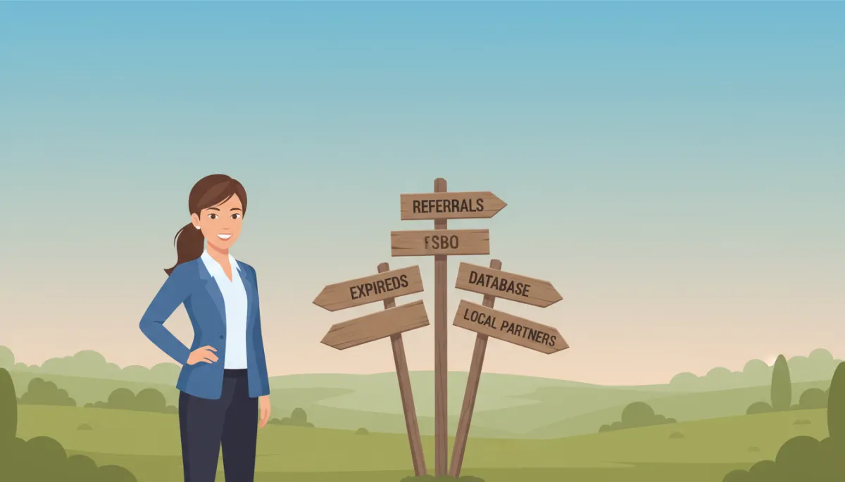 Illustrated scene of a real estate broker standing at a crossroads with five signposts labeled referrals, expireds, FSBO, database, local partners, clean flat illustration style, calm professional colors