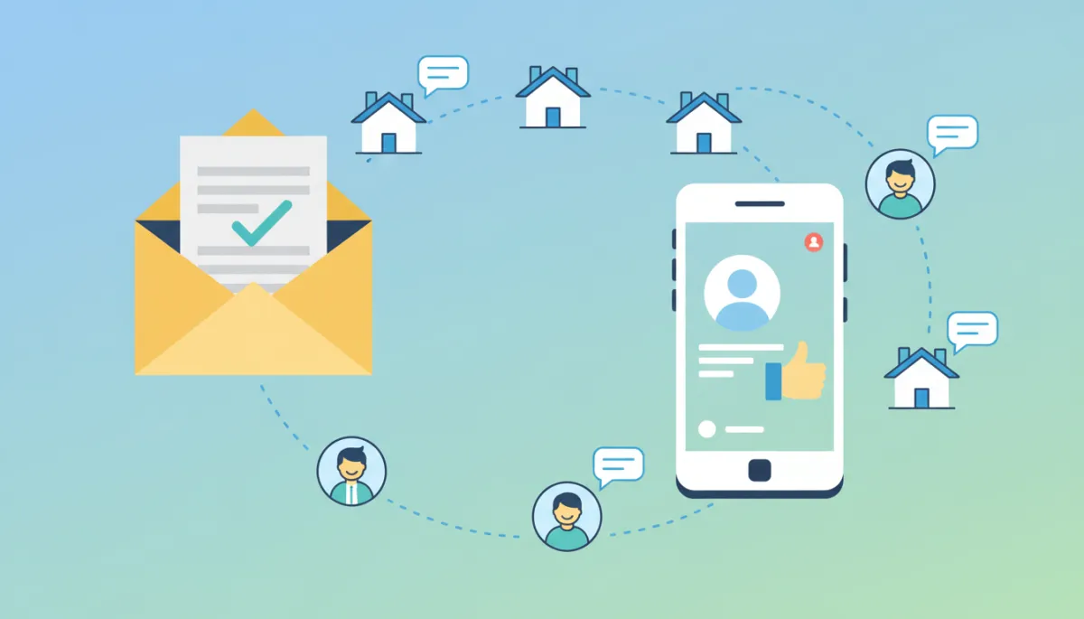 Flat illustration of an email and smartphone surrounded by small icons of houses and happy clients connected by dotted lines, representing referrals and follow up