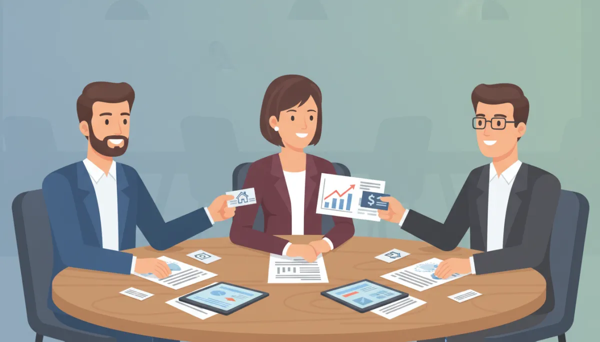 Illustrated roundtable of a real estate broker, mortgage broker, and financial advisor exchanging business cards and charts, friendly professional vibe
