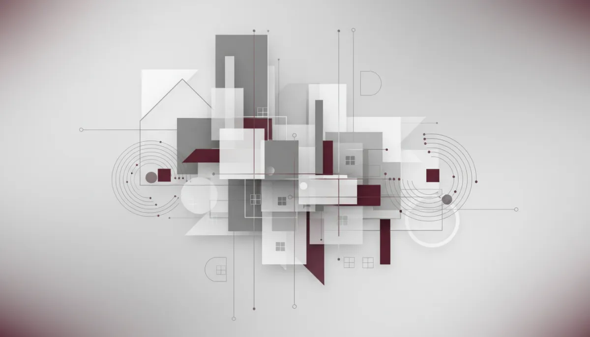 Abstract artistic neutral composition blending real estate symbols with AI patterns