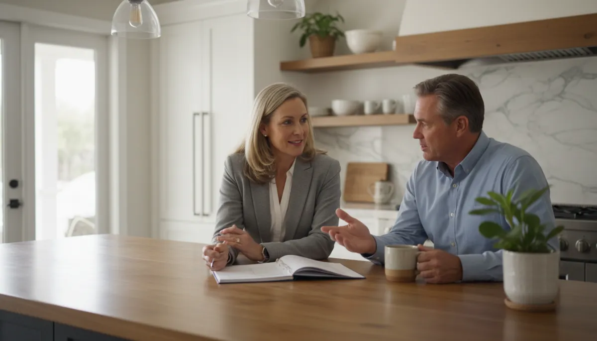 Broker listening carefully to a home seller while reviewing market data