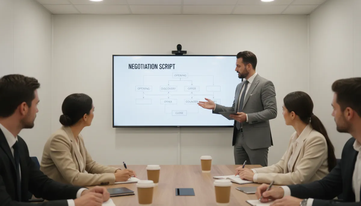 Real estate broker team reviewing negotiation scripts together in a training session