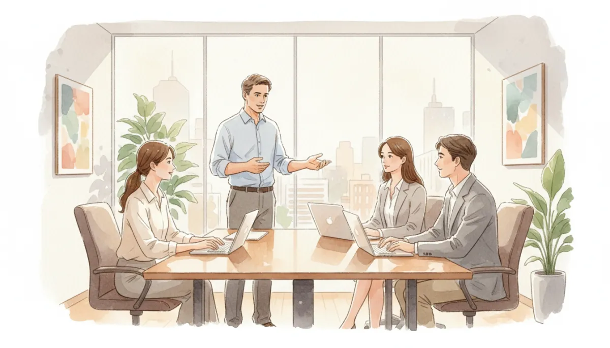 professional neutral-toned office meeting where a manager leads a small team discussion around a table, all with laptops open, glass walls and natural light, overall professional style