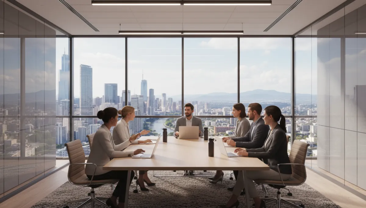 Empresários locais reunidos em sala de reunião de coworking profissional