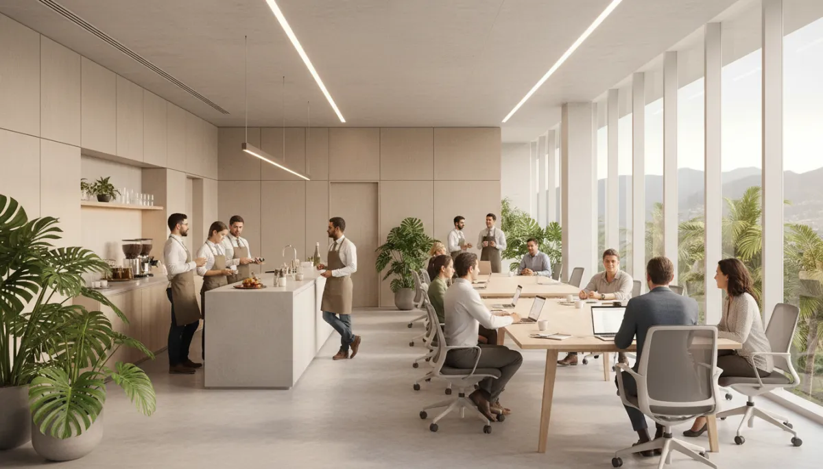 Lounge de coworking com profissionais em networking no Rio de Janeiro