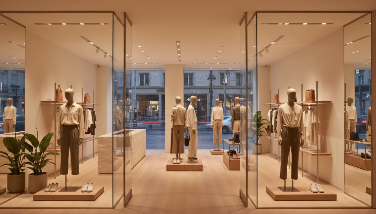 Photorealistic branded retail interior with large protected glass display windows