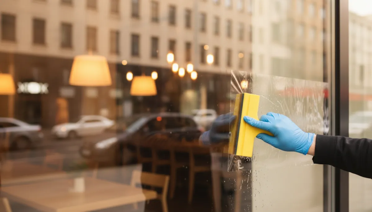 Photorealistic close-up of technician applying clear safety film to storefront glass