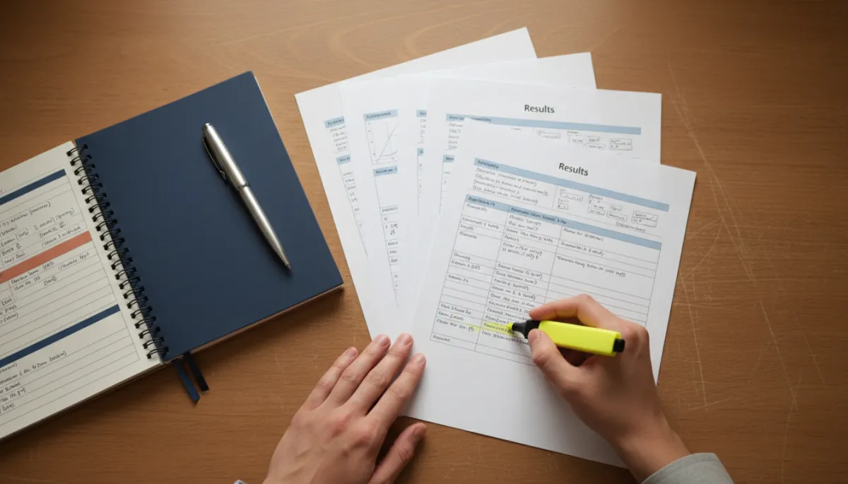 Person organizing and highlighting comprehensive lab results on a desk