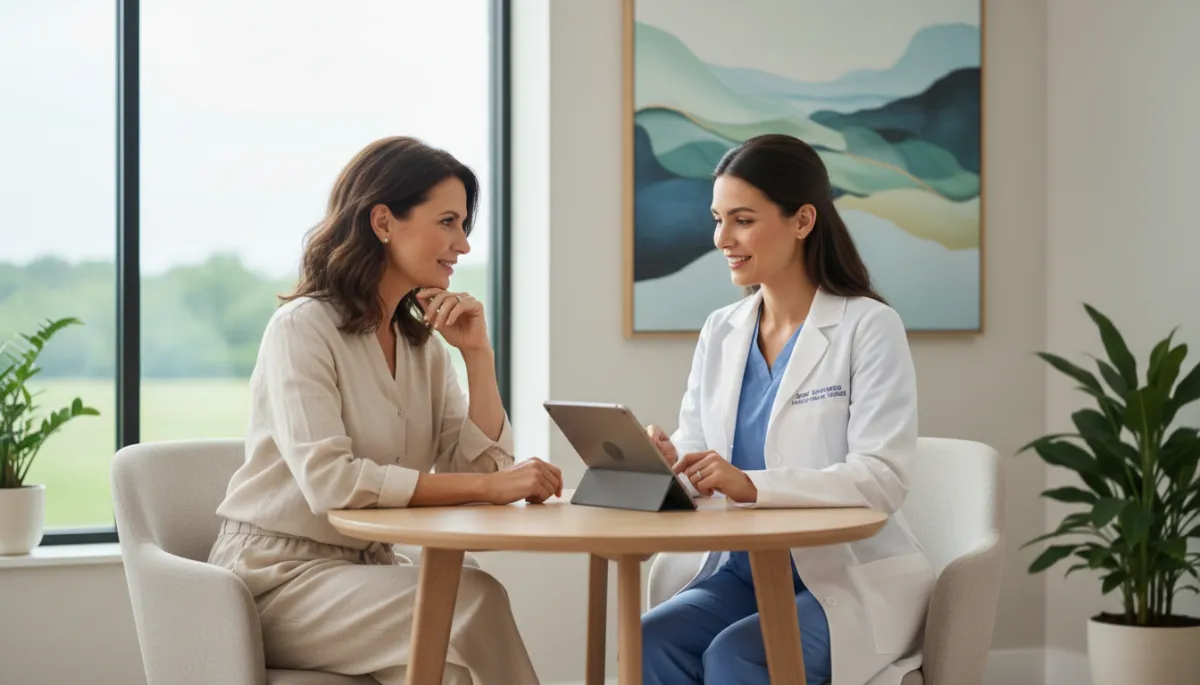 A realistic photo of a woman in a wellness clinic in O'Fallon, MO, having a discussion with a clinician about hormone replacement therapy. The setting is calm, professional, and welcoming. A realistic photo of a woman in a wellness clinic in O'Fallon, MO, having a discussion with a clinician about hormone replacement therapy. The setting is calm, professional, and welcoming.