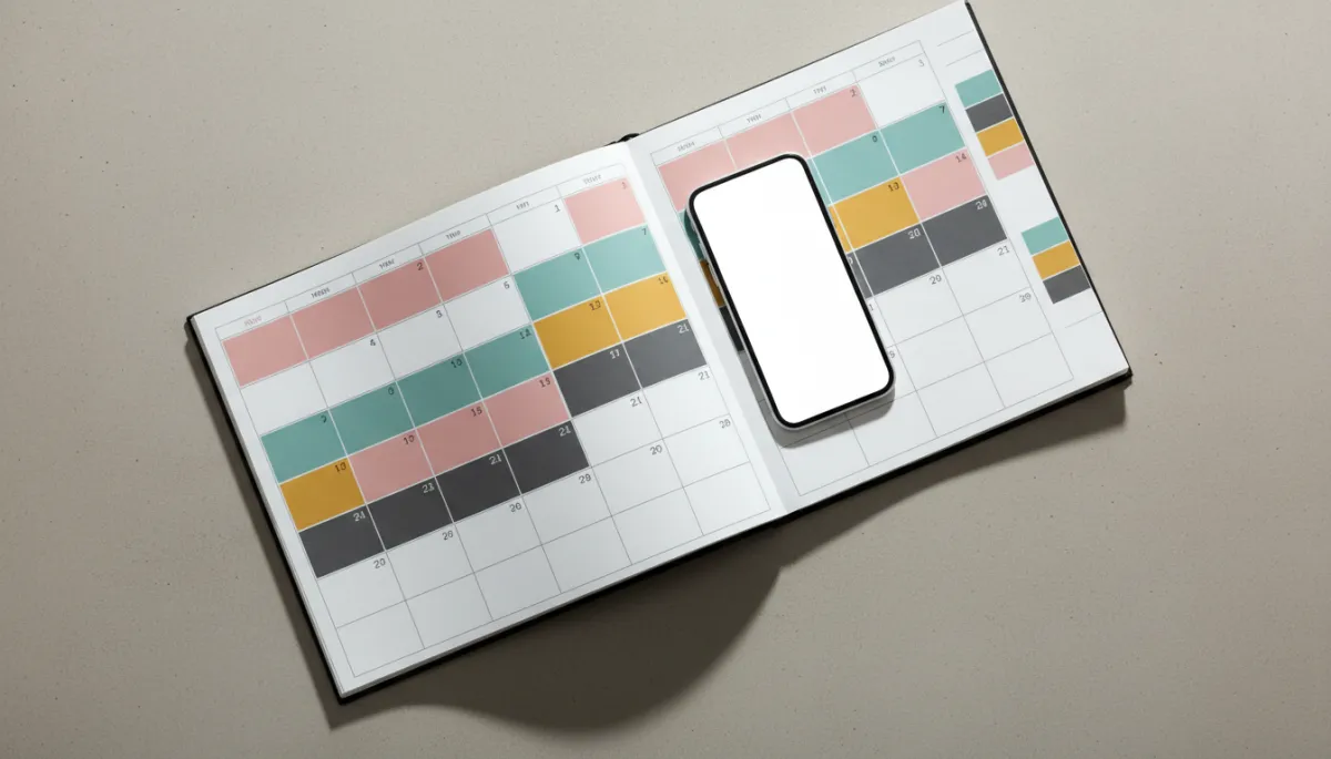 Color-coded calendar and notepad showing a structured real estate schedule
